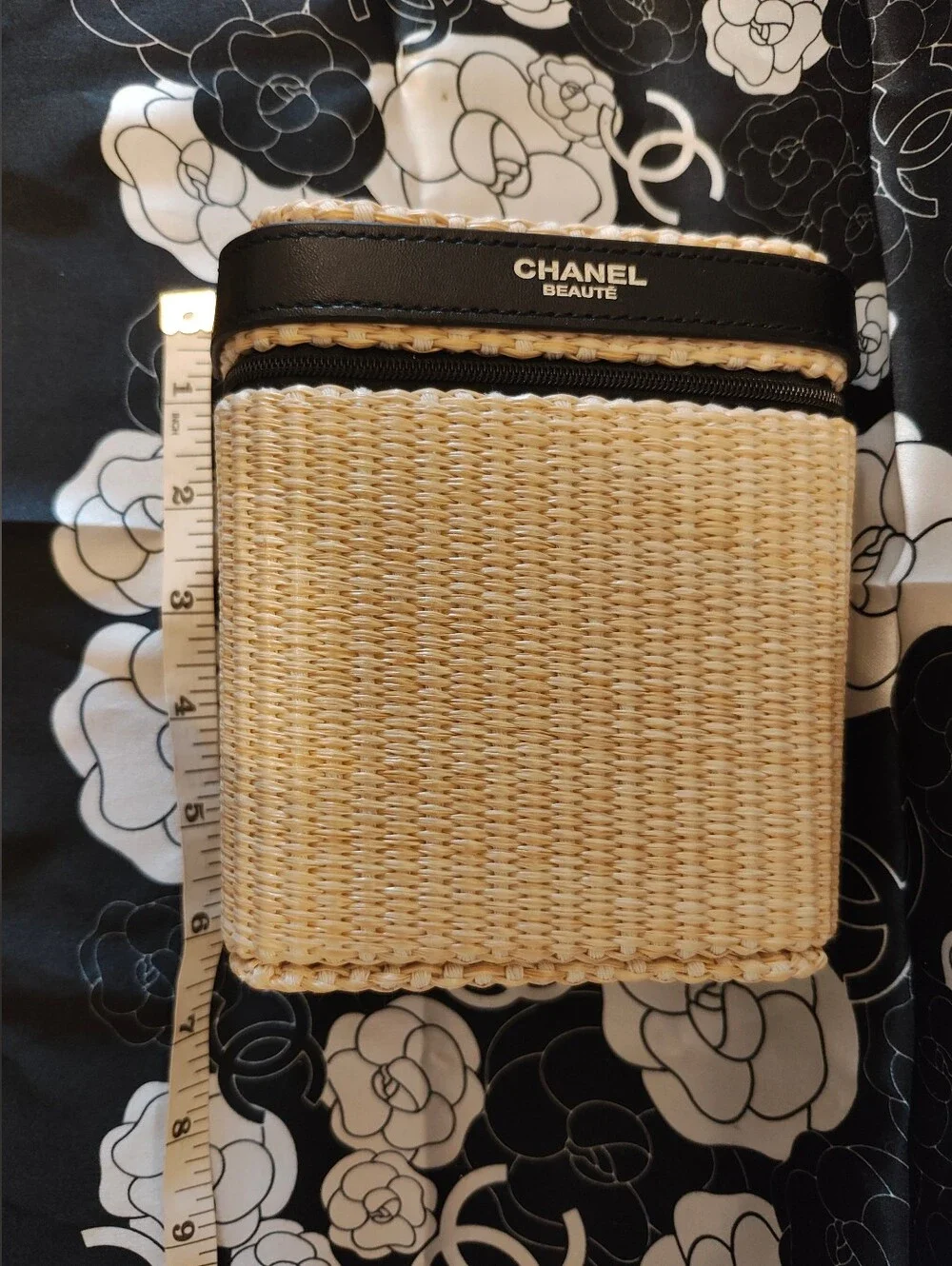 Beige Woven Beauté Mini Bag with Black Trim